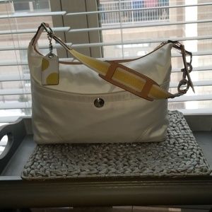 Coach white satin and leather bag